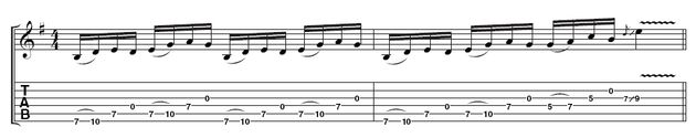 Much of the same picking patterns as in Ex 1 are found here. Your picking hand should move 'as a unit' across to the next group of strings each time, so don't change the distance between your fingers and the pick. You may find the first group of hammer-ons less of a stretch by using your fourth finger instead of your third.